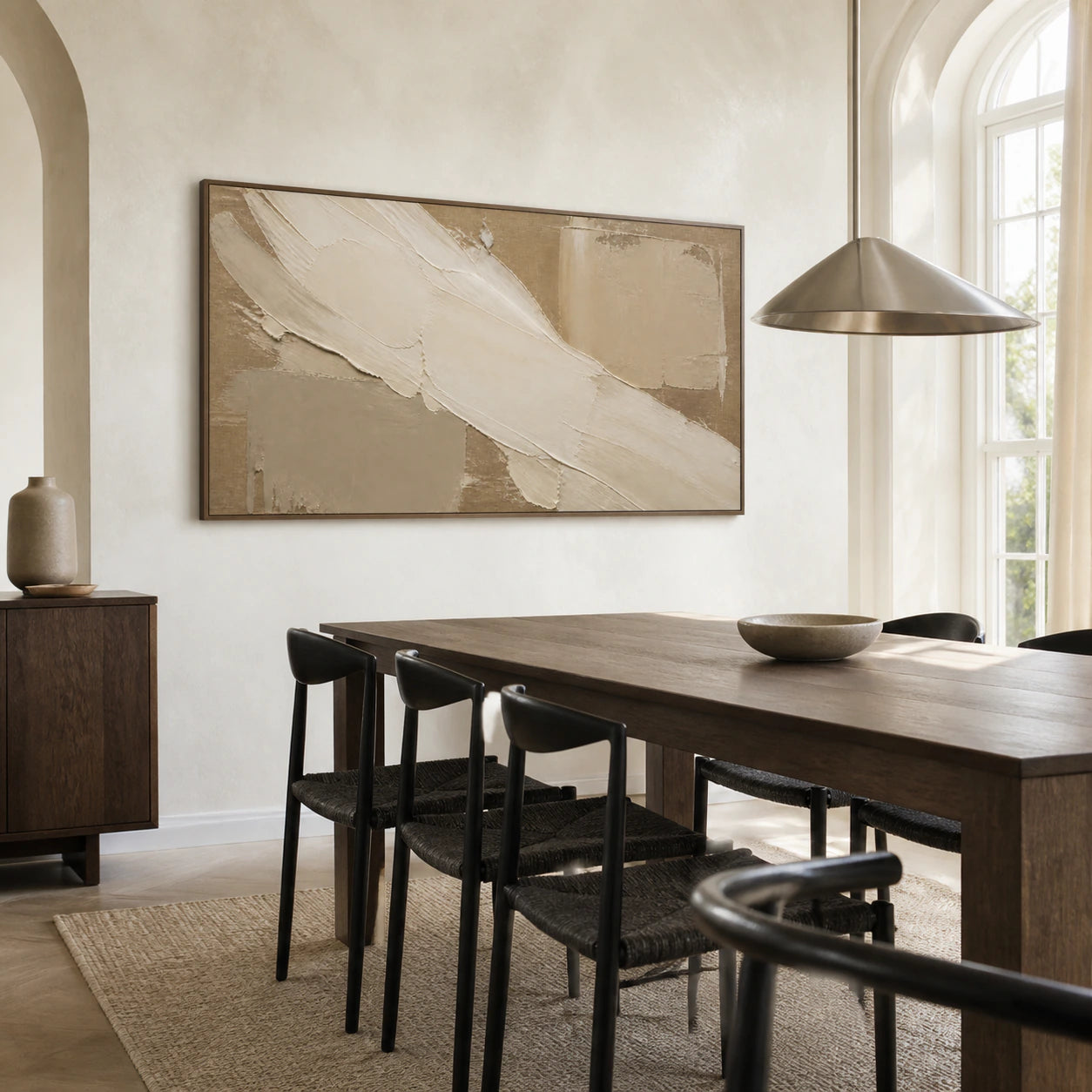 Plaster-Current as the focal artwork in a refined daylight dining room.