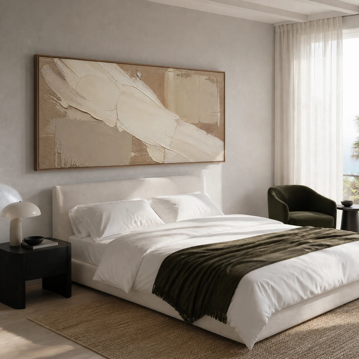 Plaster-Current above a low bed in a quiet, light-filled bedroom.