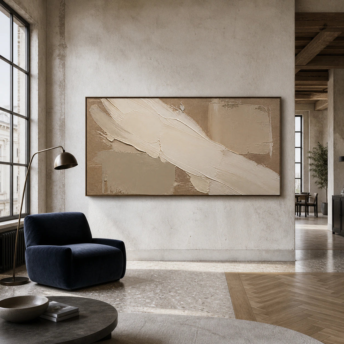 Plaster-Current anchoring a bright hospitality loft interior.