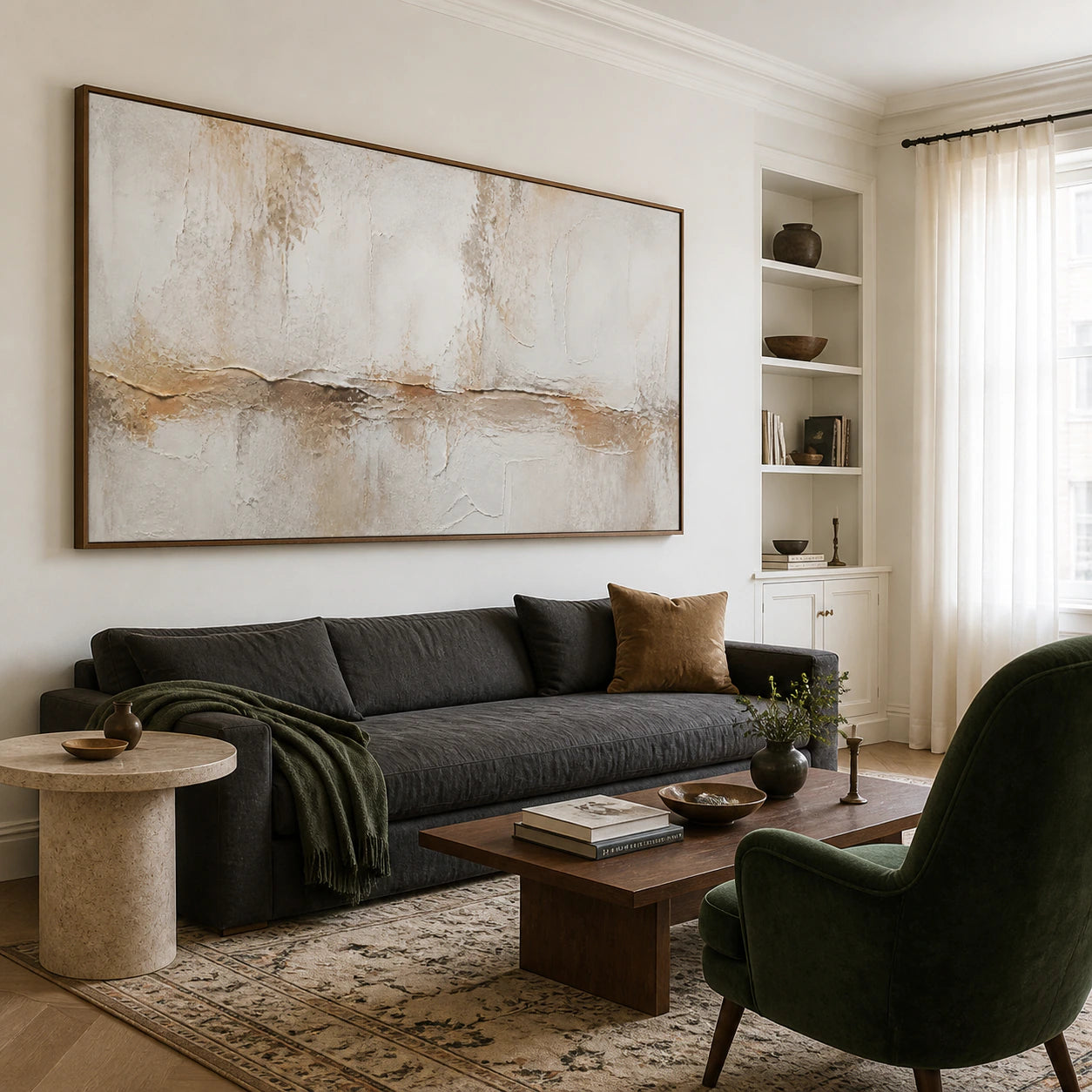 Plaster-Drift as a large focal artwork in a bright contemporary living room.