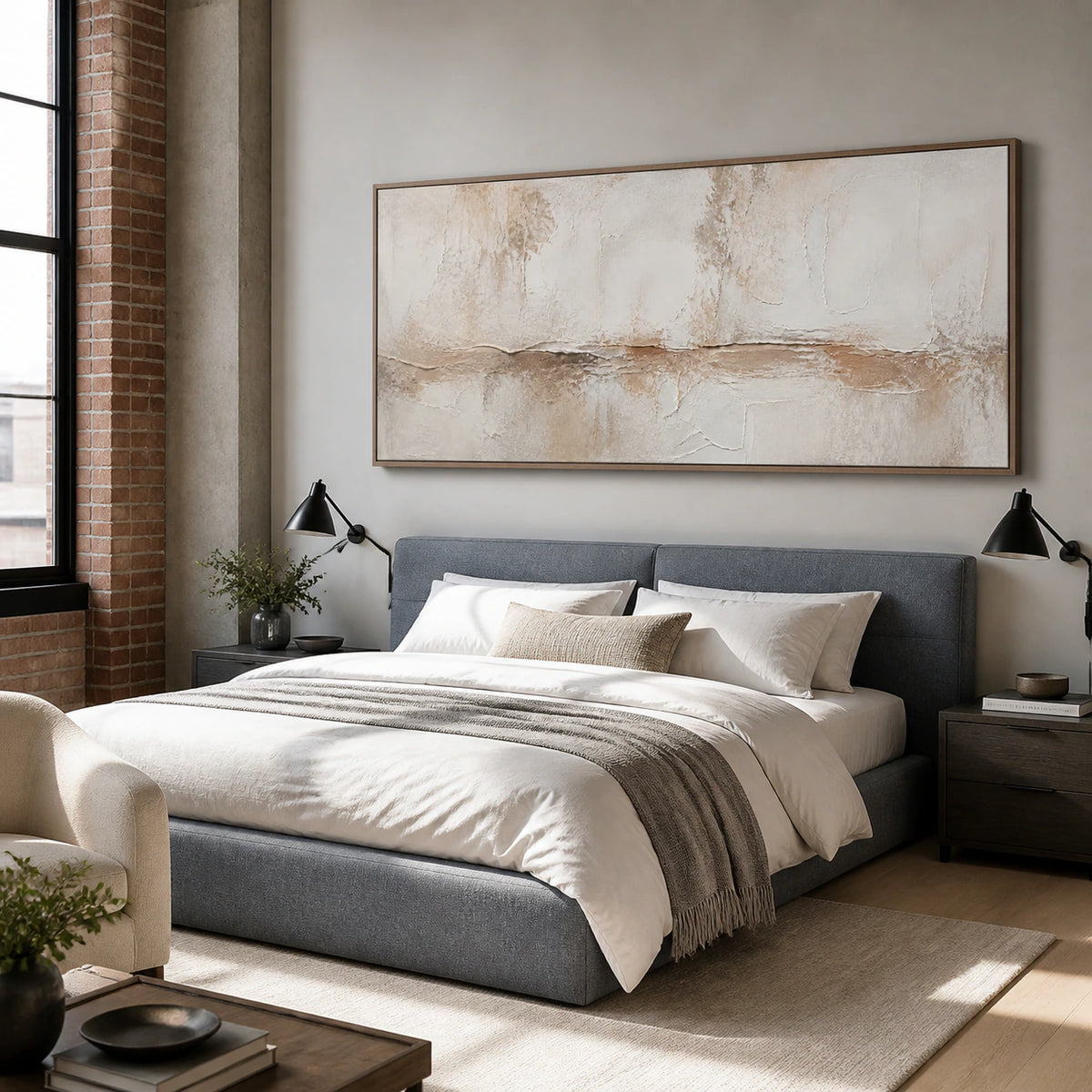 Plaster-Drift bringing quiet texture to a bright, restful bedroom.