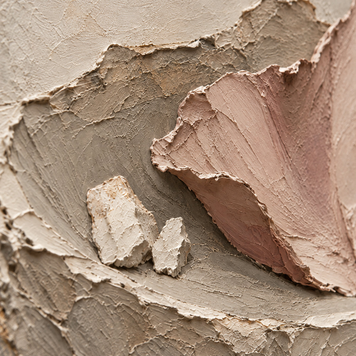 Plaster-Ember oil painting brushwork and impasto detail photographed from an oblique side angle