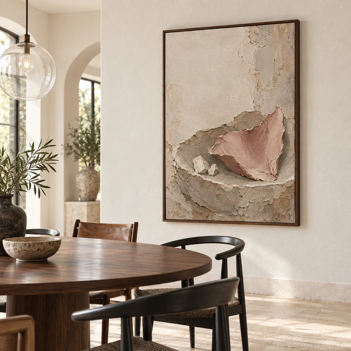Large vertical Plaster-Ember artwork in a refined daylight dining room.