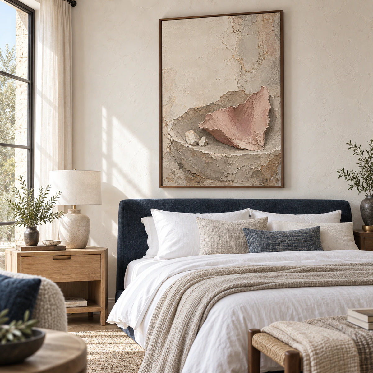 Large Plaster-Ember artwork as the focal point of a quiet, sunlit bedroom.