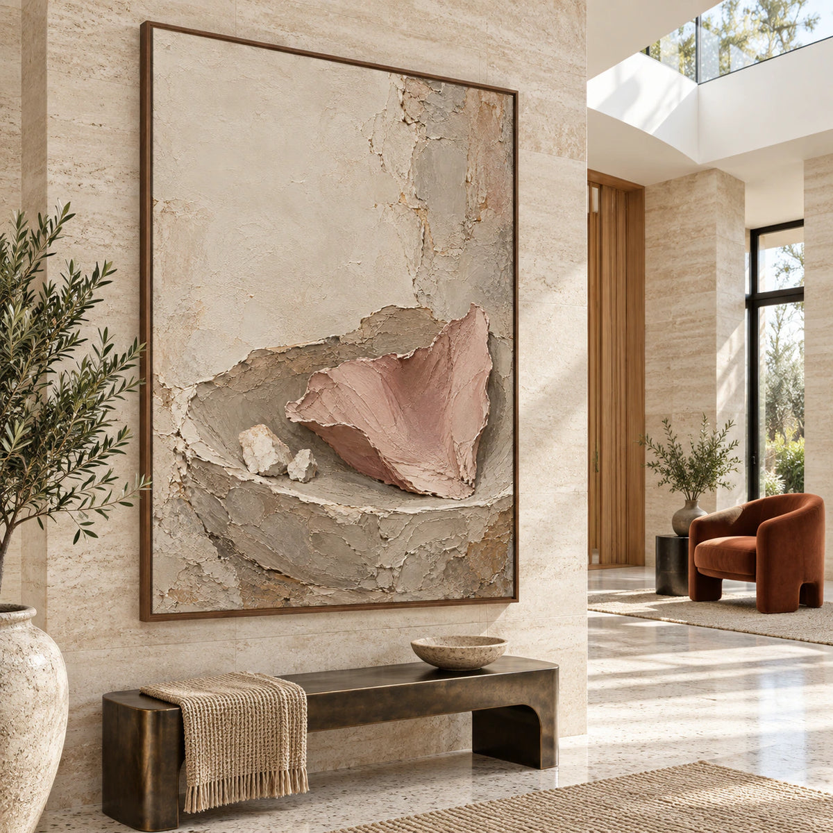 Gallery-scale Plaster-Ember artwork in a bright stone foyer.
