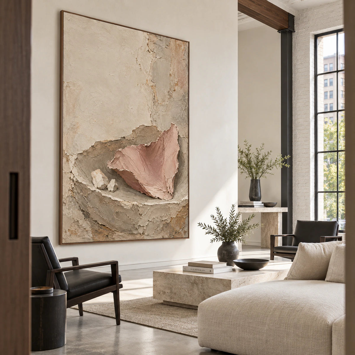 Large Plaster-Ember artwork in an expansive daylight loft hospitality interior.