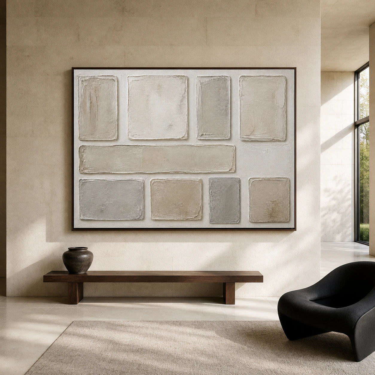 Plaster-Grid displayed at large scale, straight-on in a bright open living space.