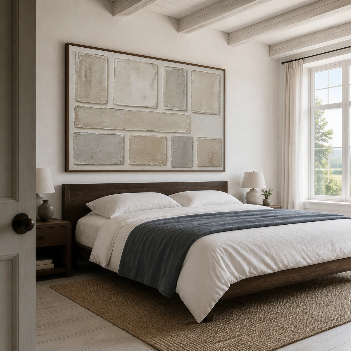 Plaster-Grid bringing quiet texture to a calm bedroom.