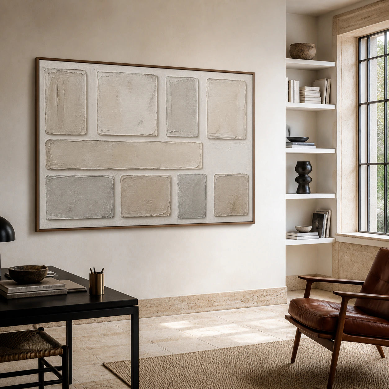 Plaster-Grid as the focal artwork in an airy reading office.