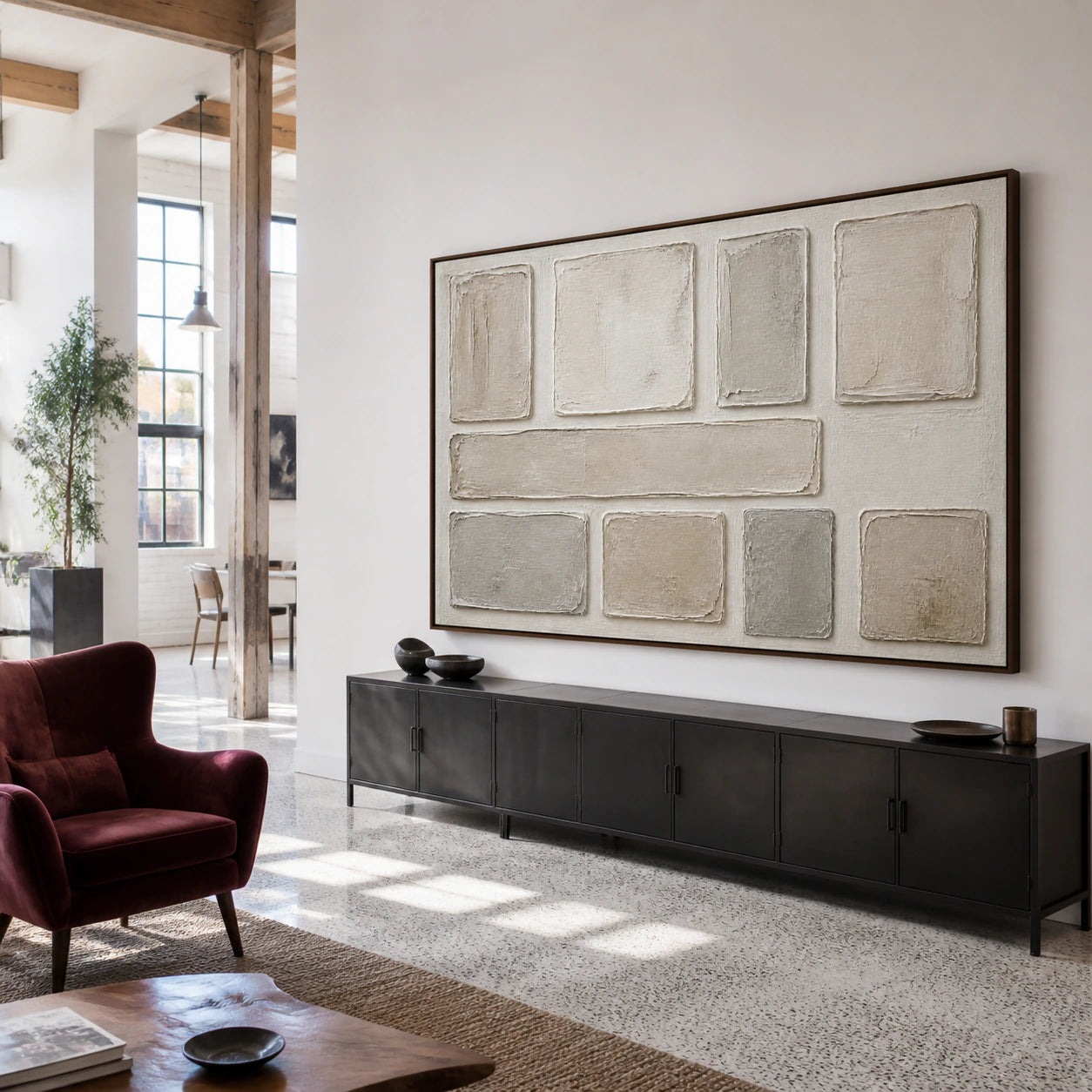 Plaster-Grid featured in an expansive contemporary hospitality loft.