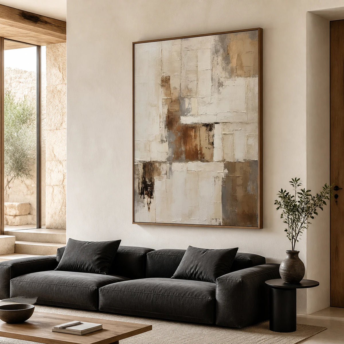 Plaster-Interval above a restrained sofa in a bright living room.