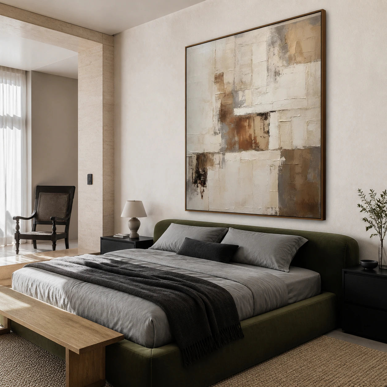Plaster-Interval bringing quiet texture to a calm bedroom.