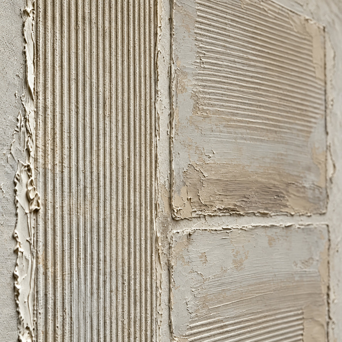 Plaster-Intervals oil painting brushwork and impasto detail photographed from an oblique side angle