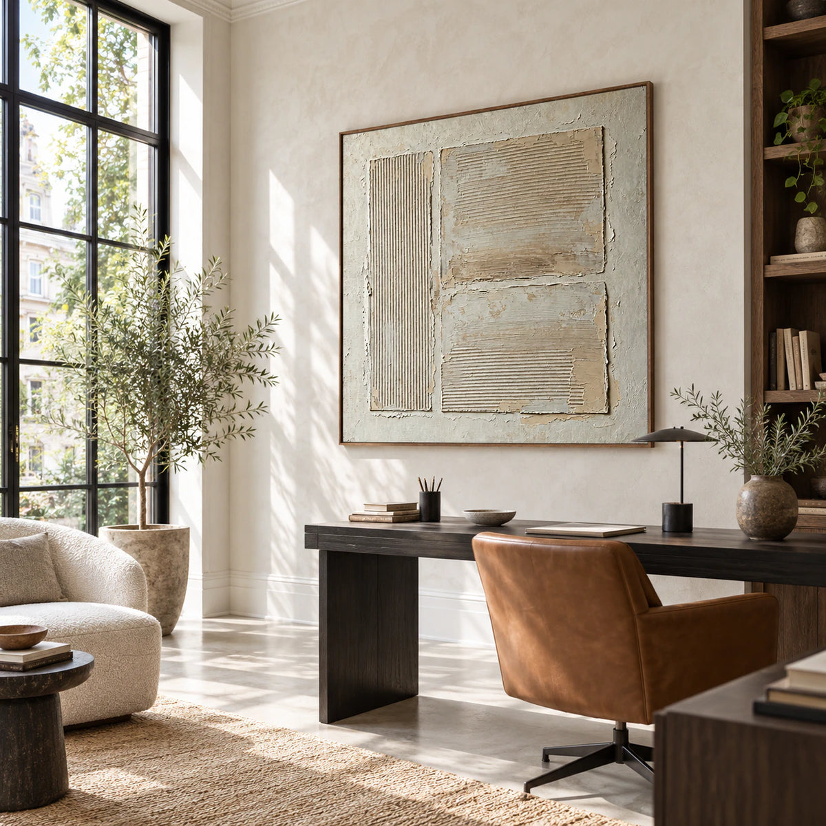 Square ivory relief artwork in a sunlit home office reading space.