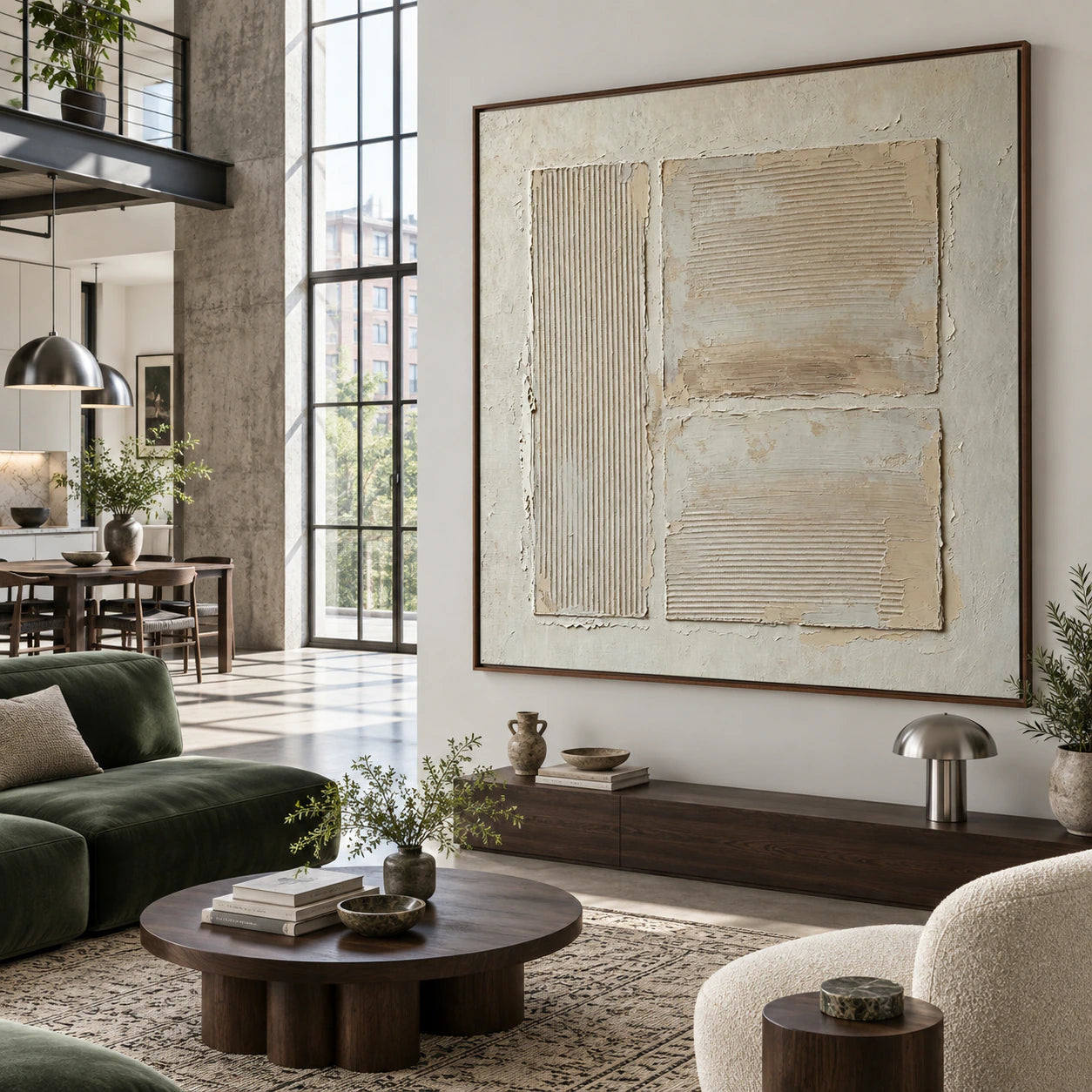 Square ivory relief artwork in an expansive daylight-filled loft interior.