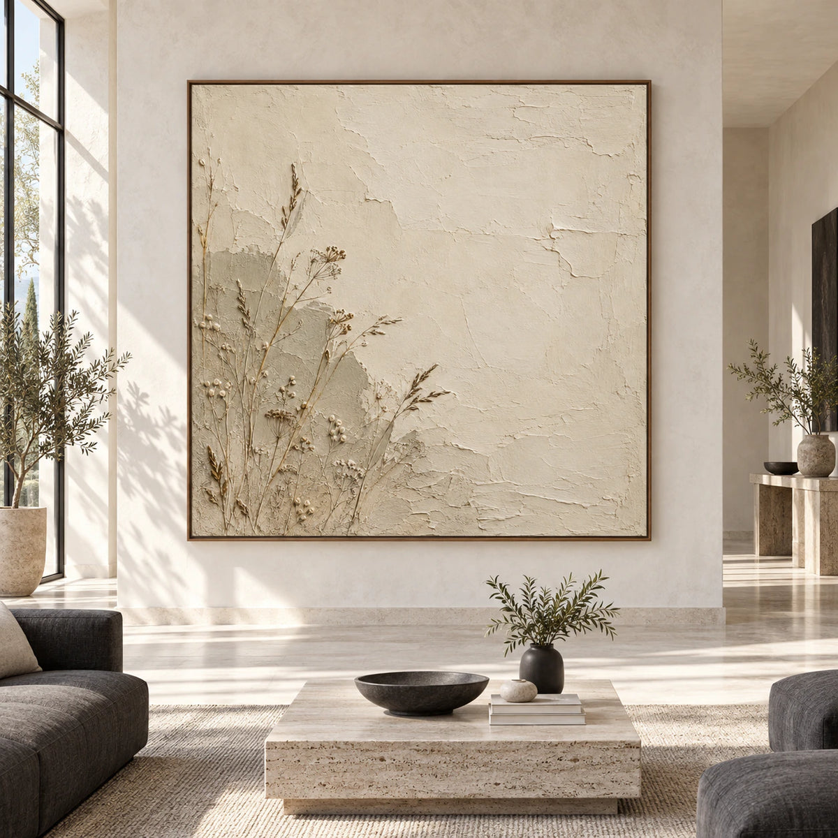 Large square botanical plaster artwork displayed straight-on in a spacious sunlit gallery living room.