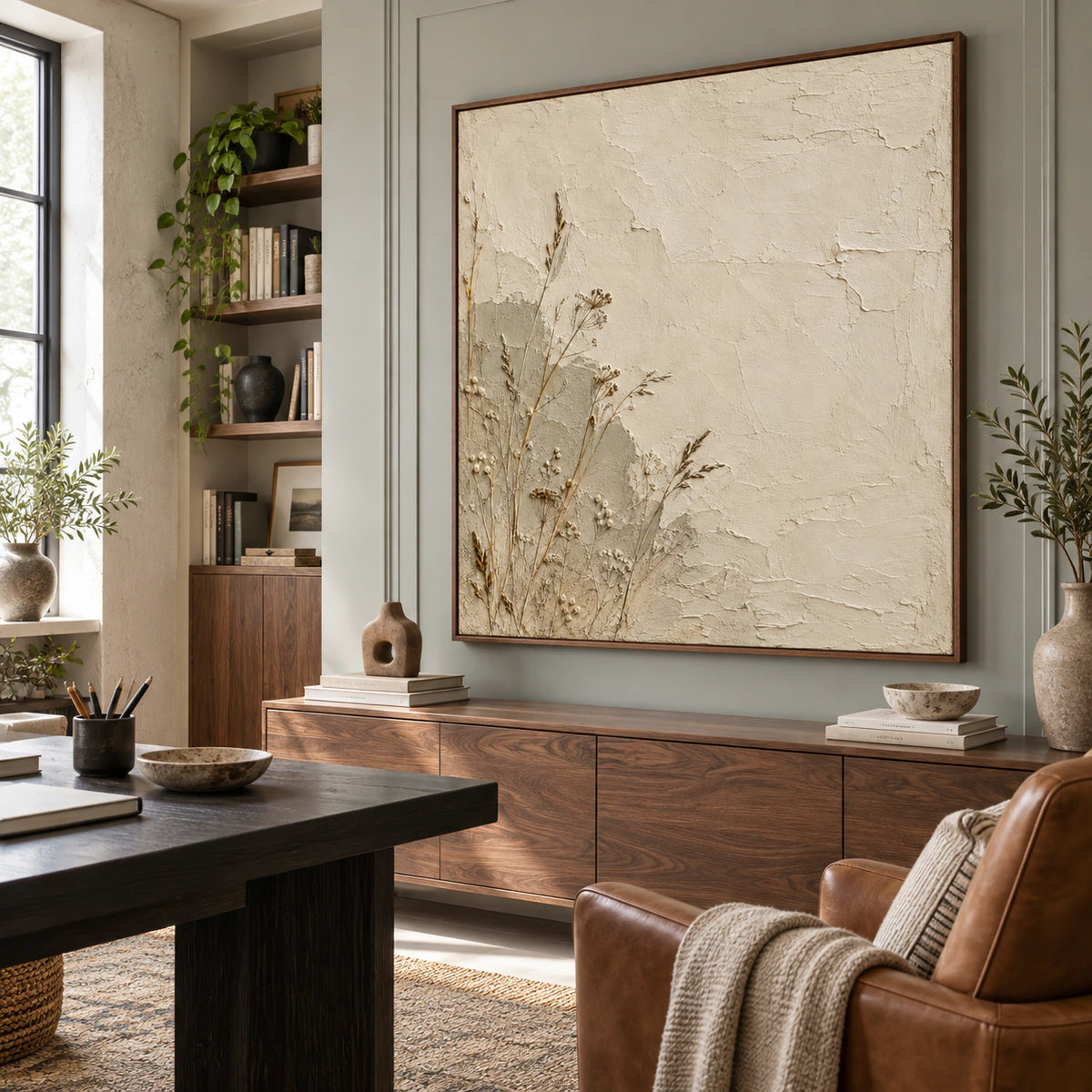 Square botanical relief artwork in an airy home office reading space.