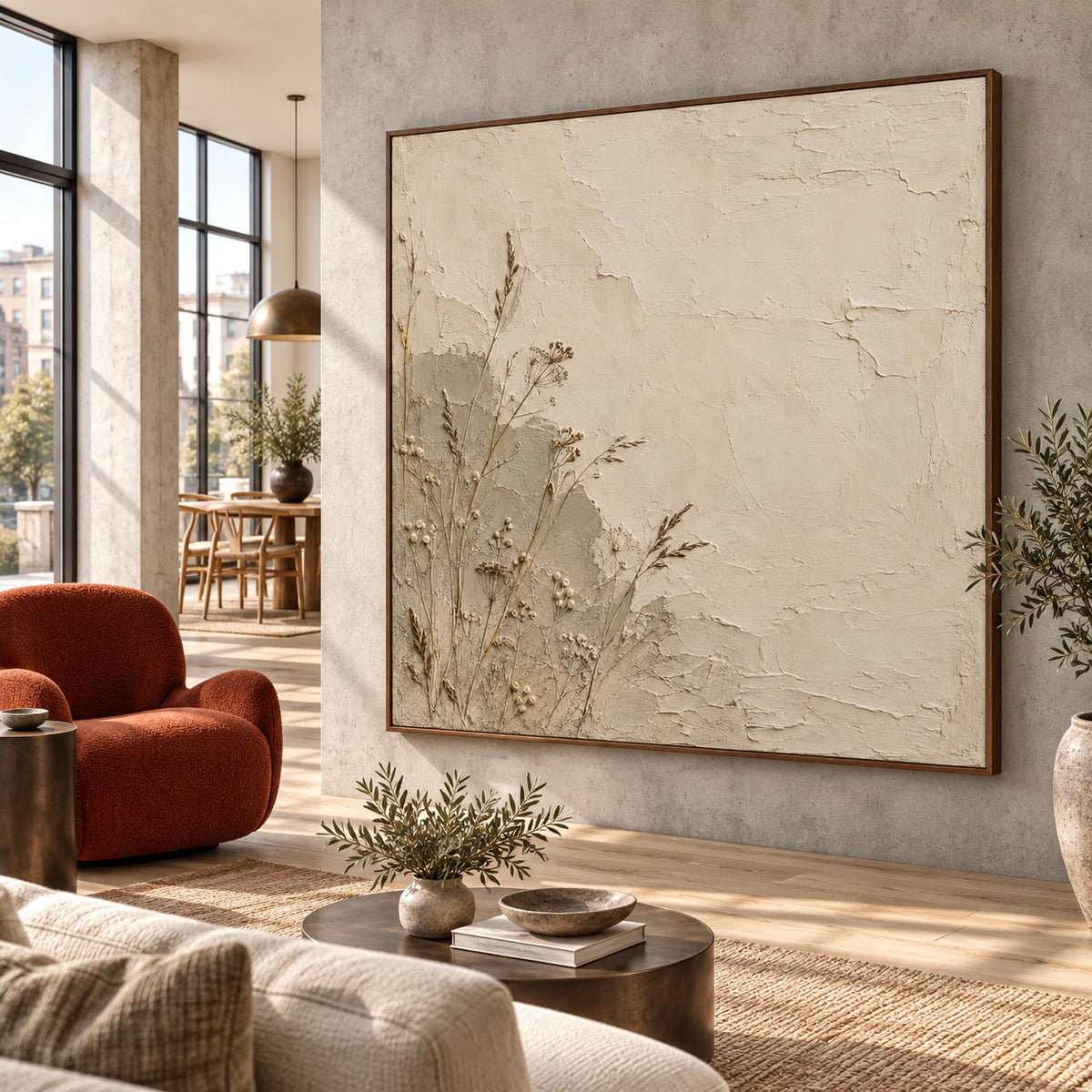 Square textured meadow artwork in an expansive hospitality loft interior.