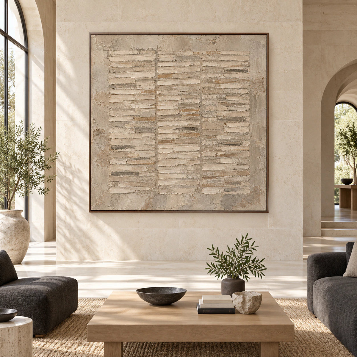 Large square textured abstract painting displayed straight-on in a spacious architectural interior.