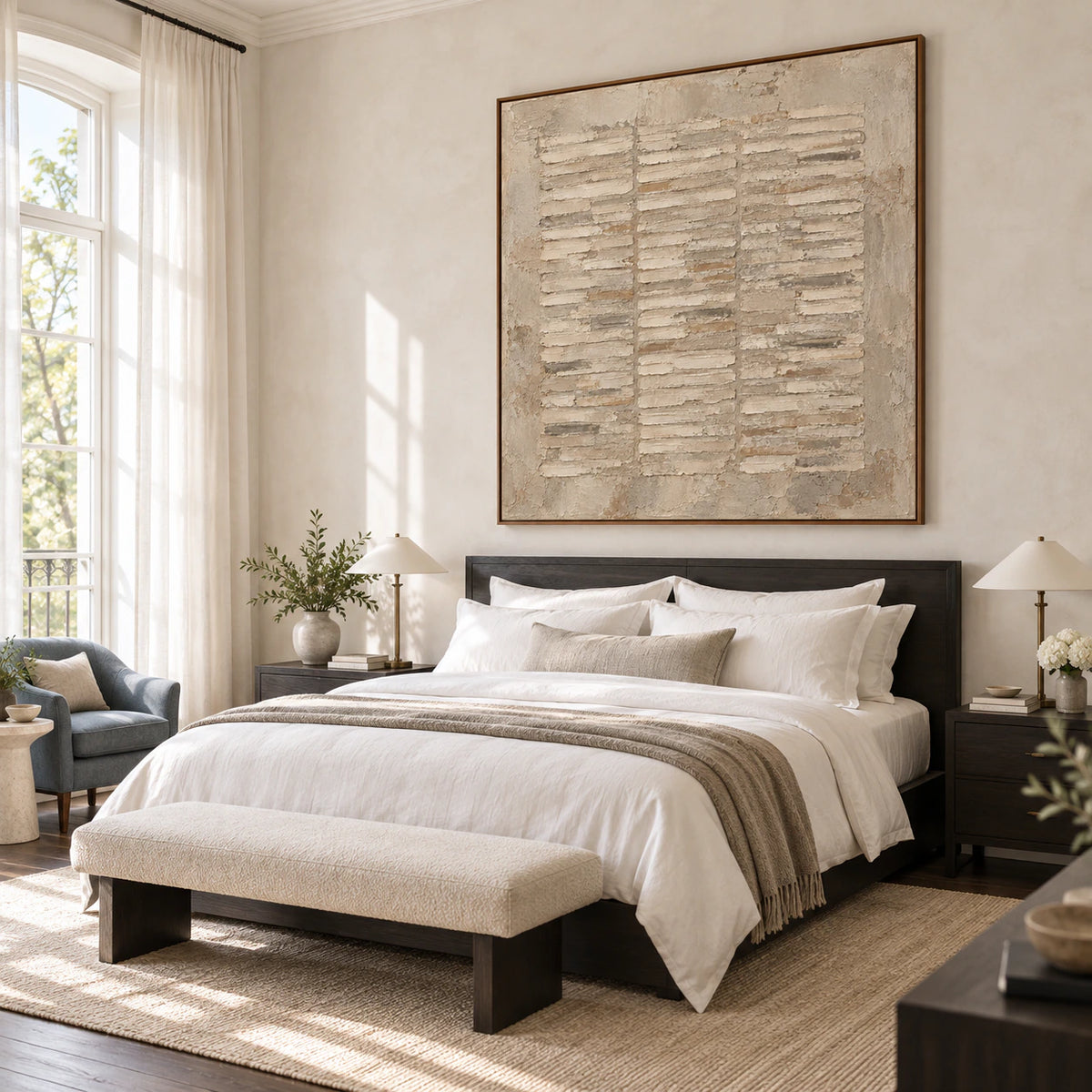 Square textured abstract painting above a bed in a quiet bedroom.