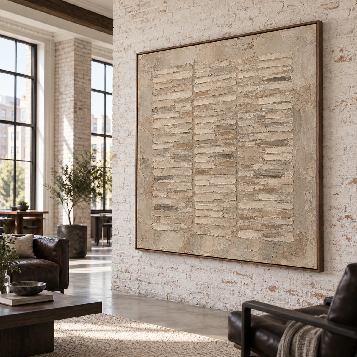 Square textured abstract painting featured in an expansive loft hospitality interior.