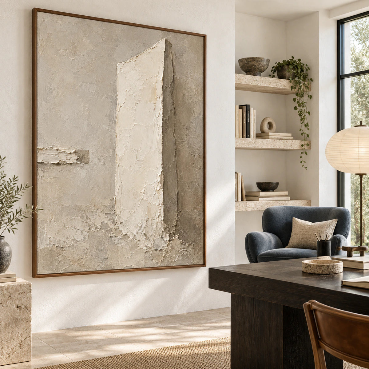 Plaster-Obelisk featured at scale in an airy home office reading space.