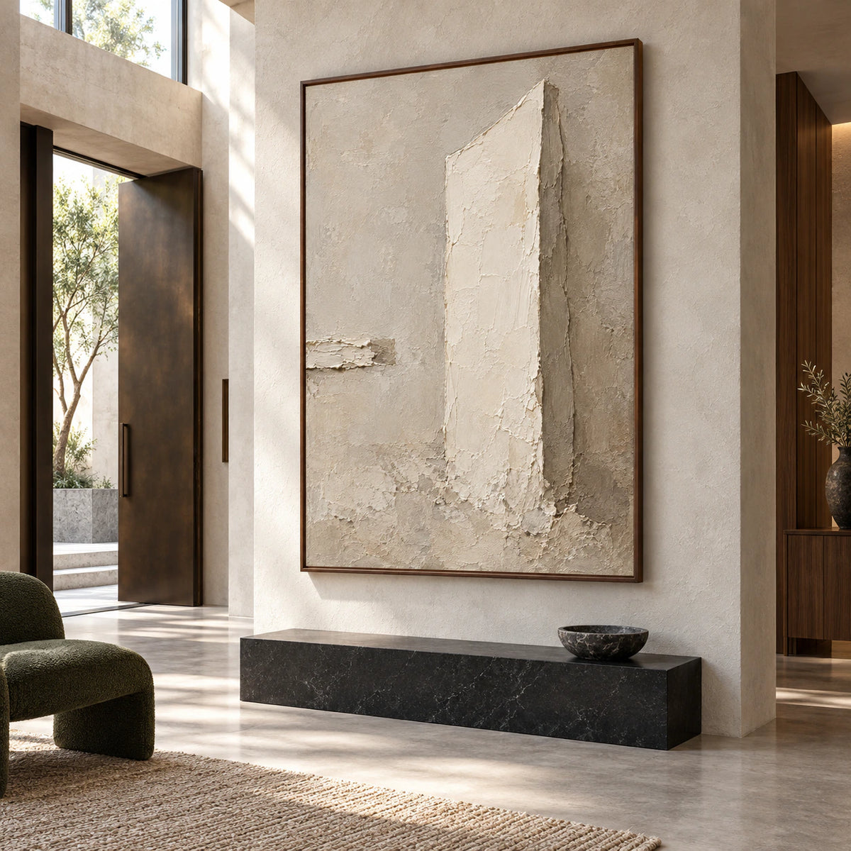 Plaster-Obelisk as a gallery-scale focal point in a luminous foyer.