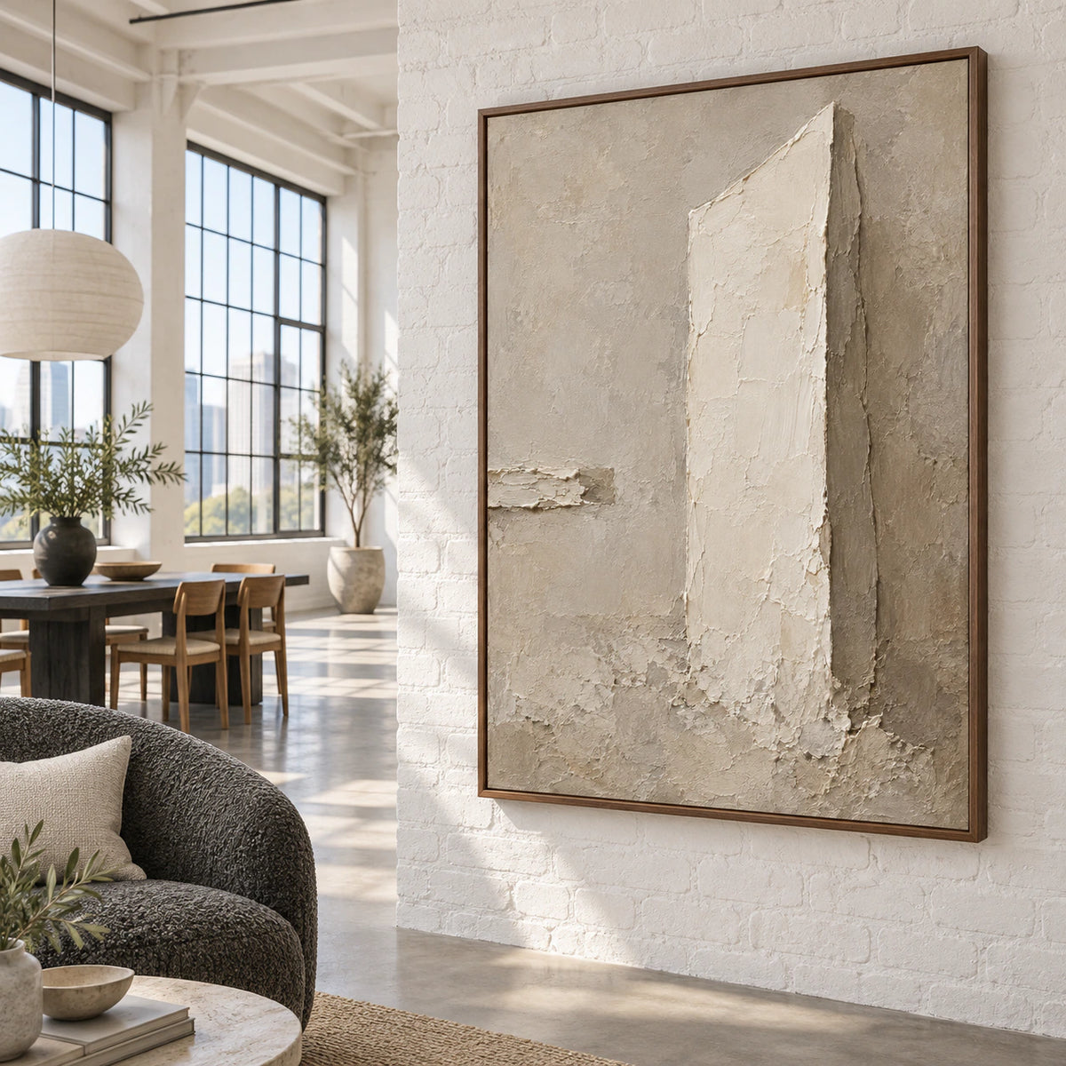 Plaster-Obelisk displayed prominently in an open hospitality loft interior.