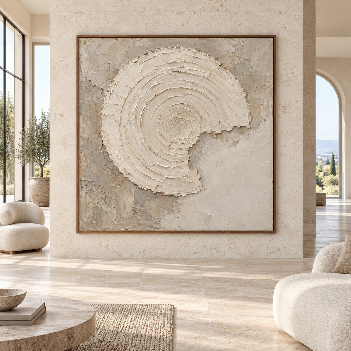 Large square Plaster-Orbit artwork displayed straight-on in a spacious daylight-filled architectural living area.