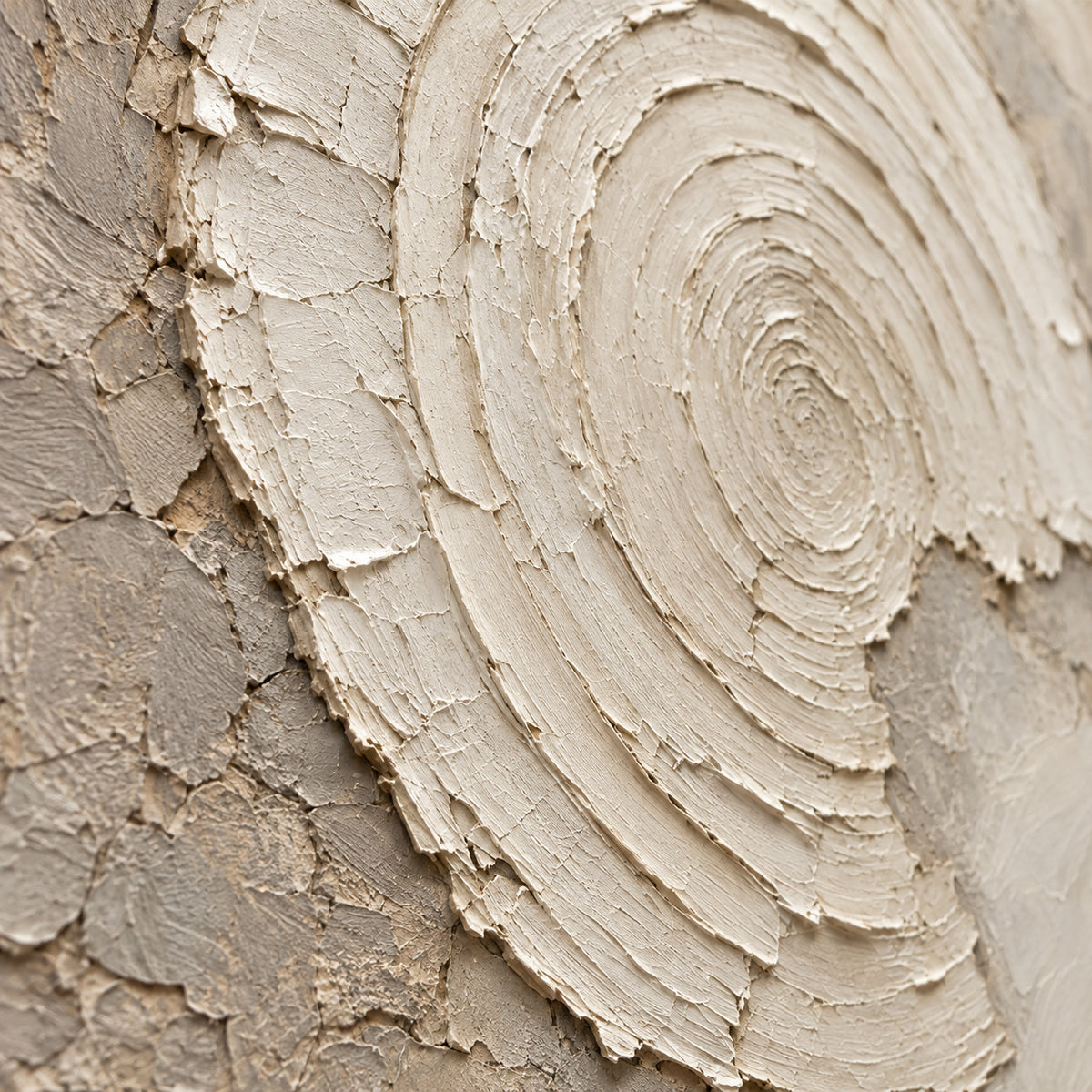 Plaster-Orbit oil painting brushwork and impasto detail photographed from an oblique side angle