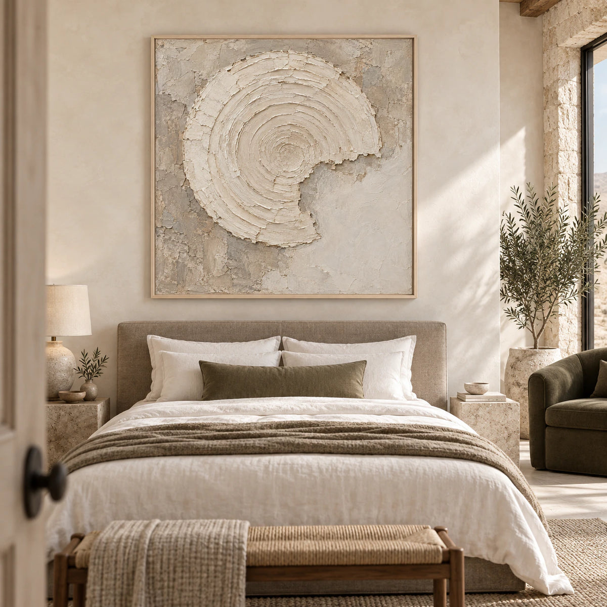Large square Plaster-Orbit artwork as the focal point of a quiet bright bedroom.