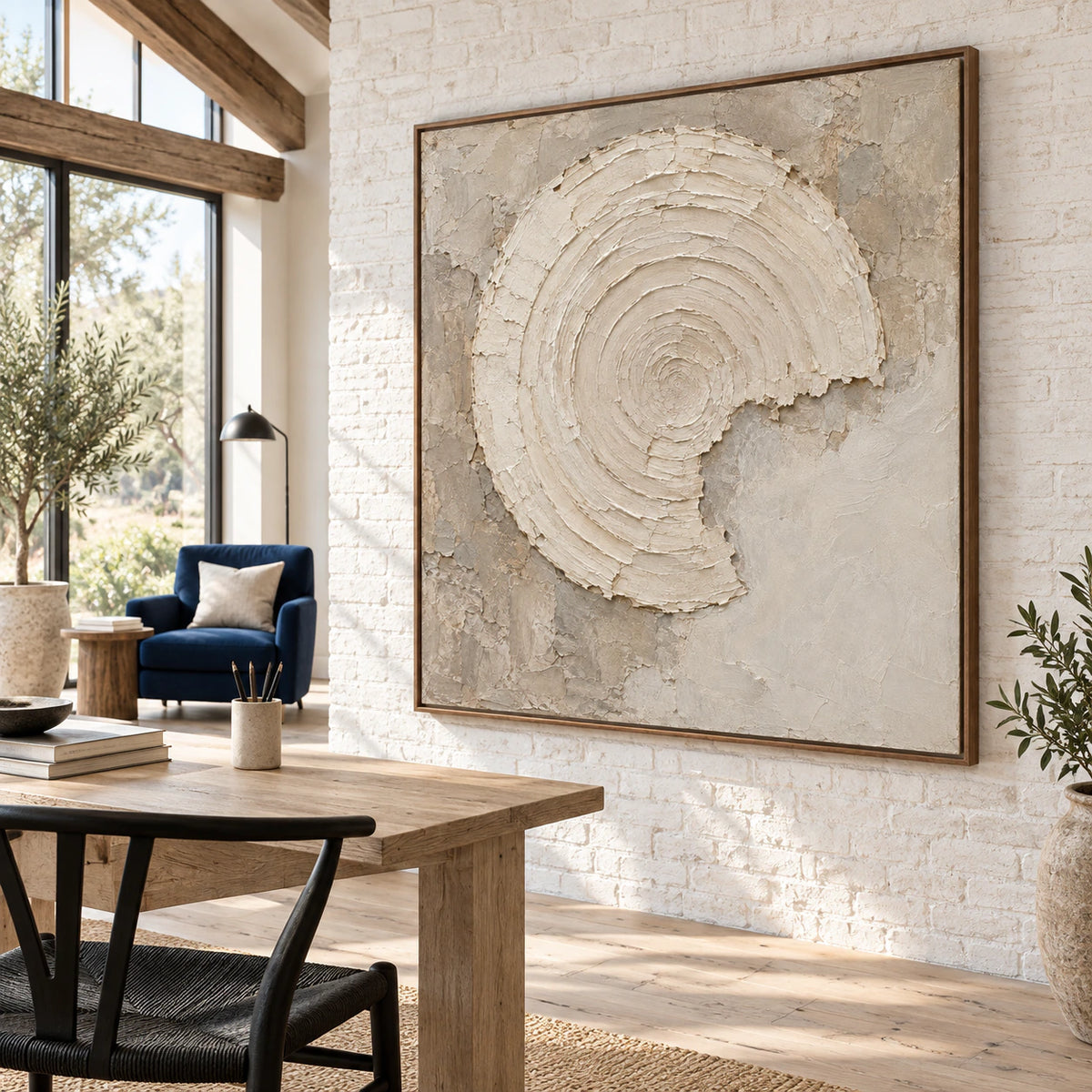 Large square Plaster-Orbit artwork in an airy home office reading space.
