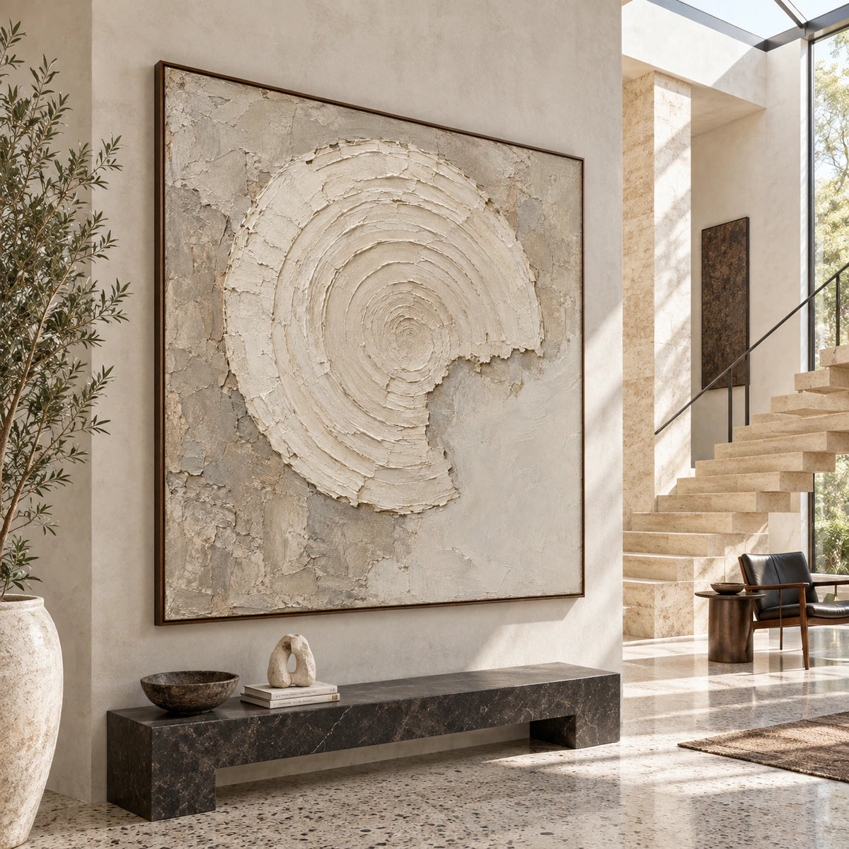Large square Plaster-Orbit artwork displayed in a gallery-scale daylight foyer.