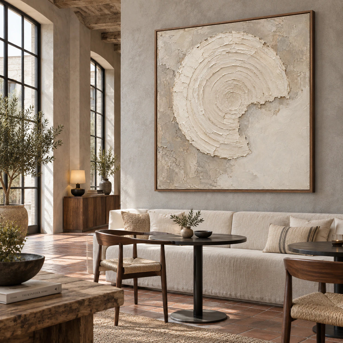 Large square Plaster-Orbit artwork featured in an expansive bright hospitality loft interior.
