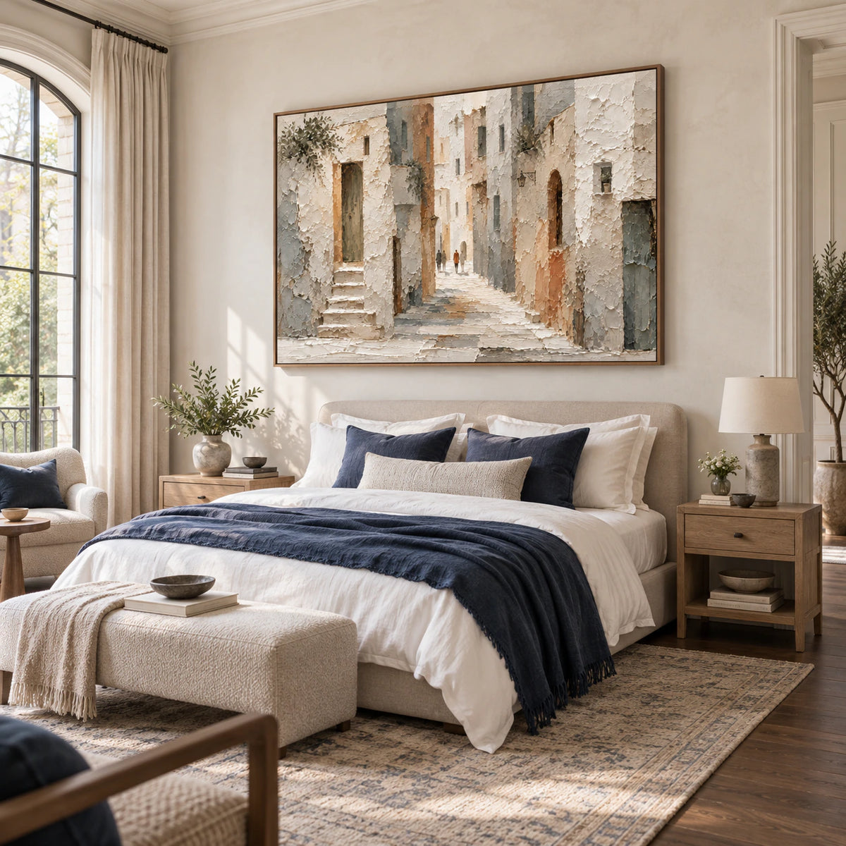 Textured passage artwork above a bed in a quiet bedroom.
