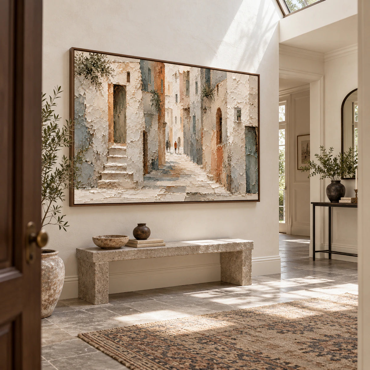 Large textured passage artwork in a gallery-scale foyer.