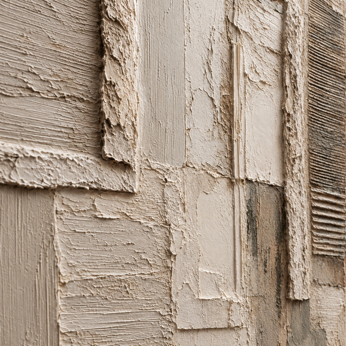 Plaster-Quiet oil painting brushwork and impasto detail photographed from an oblique side angle