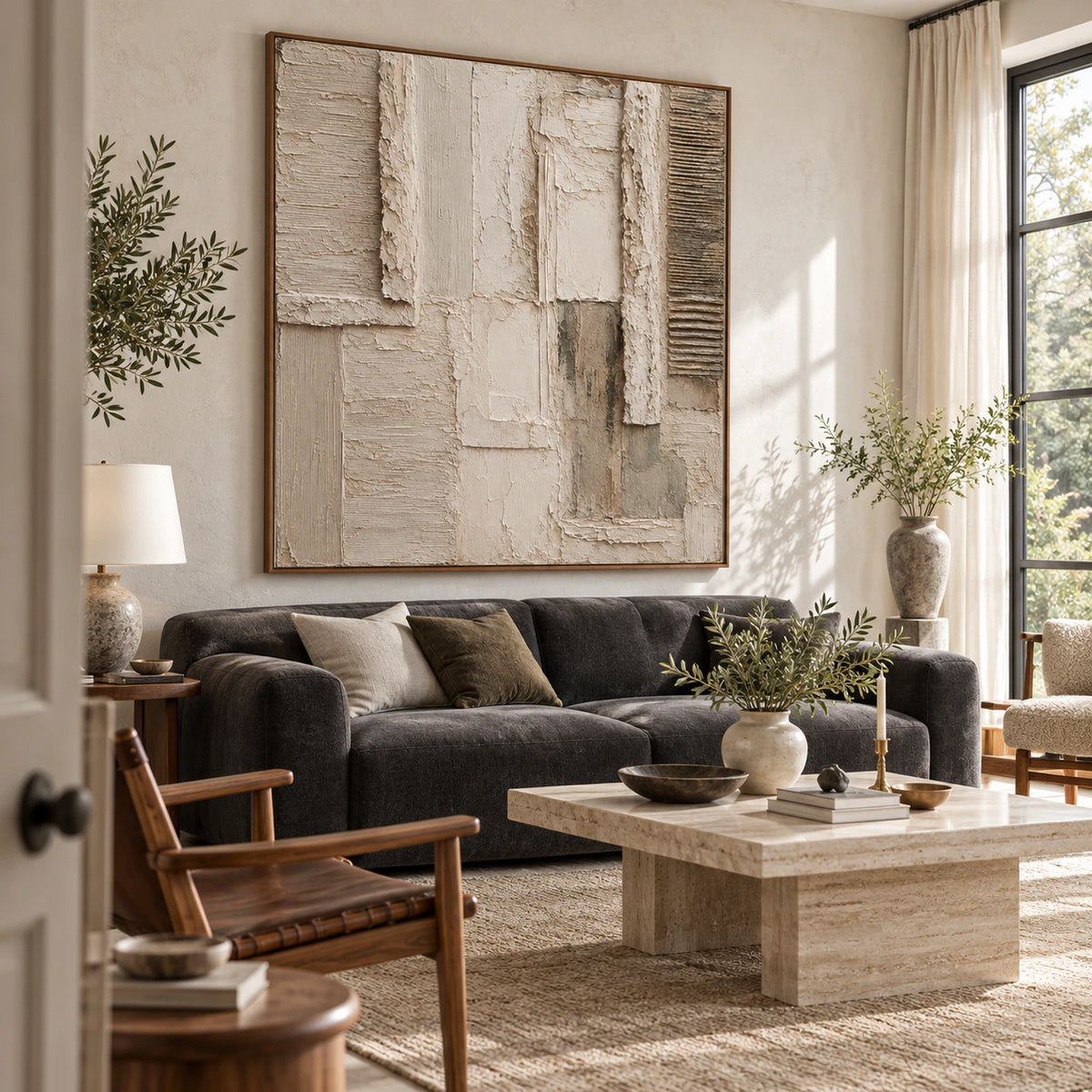 Plaster-Quiet as the focal artwork above a sculptural sofa in a bright living room.