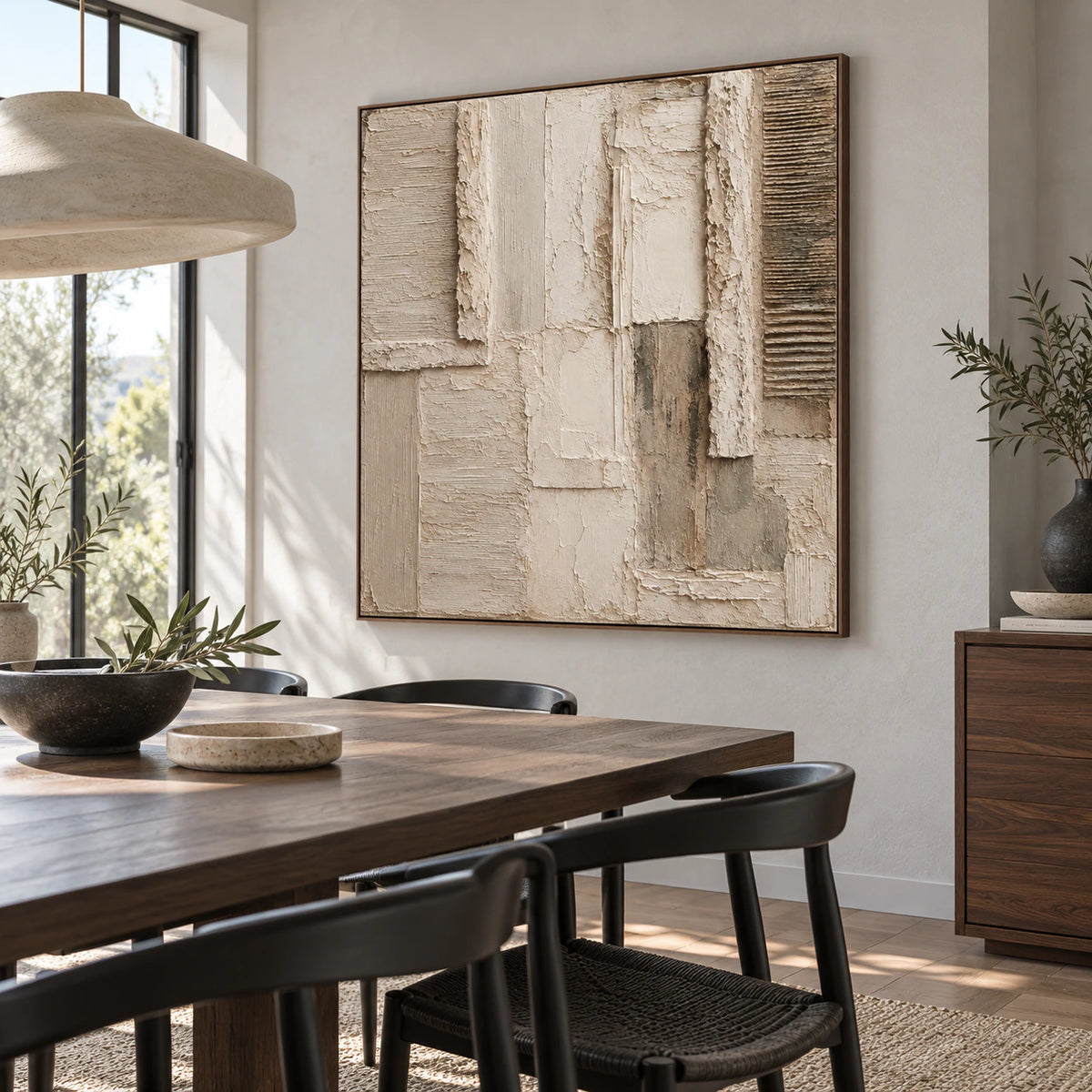 Plaster-Quiet anchoring a refined daylight-filled dining room.