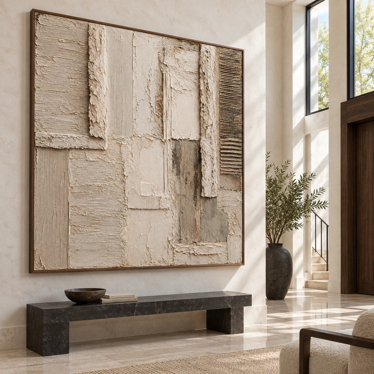 Plaster-Quiet at gallery scale in a bright architectural foyer.