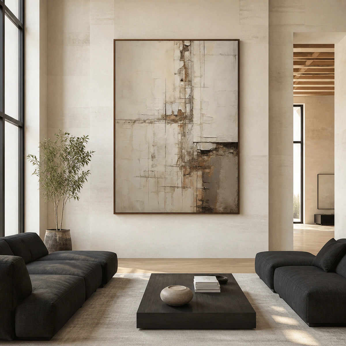 Large Plaster-Relay painting displayed straight-on in a bright spacious architectural living area.