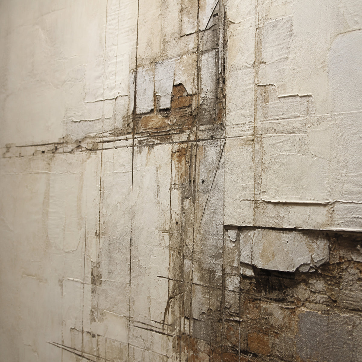 Plaster-Relay oil painting brushwork and impasto detail photographed from an oblique side angle