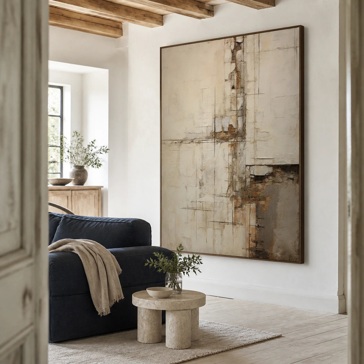 Plaster-Relay as a large focal artwork in a bright contemporary living room.