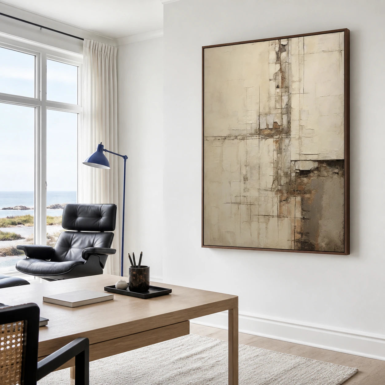Large Plaster-Relay painting in an airy reading and home office space.