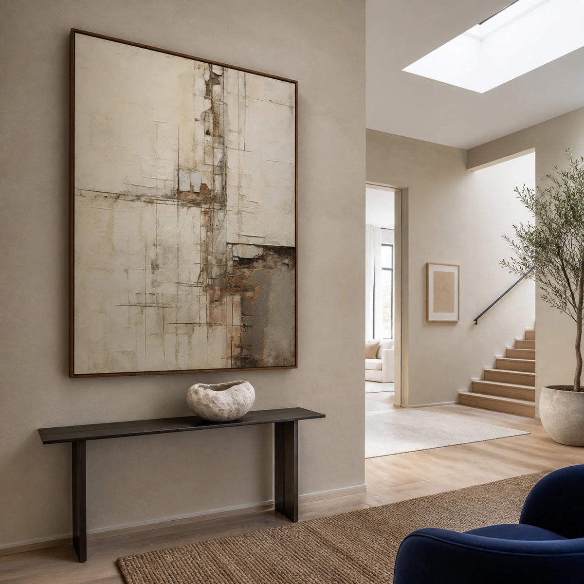 Gallery-scale Plaster-Relay artwork in a bright sculptural foyer.