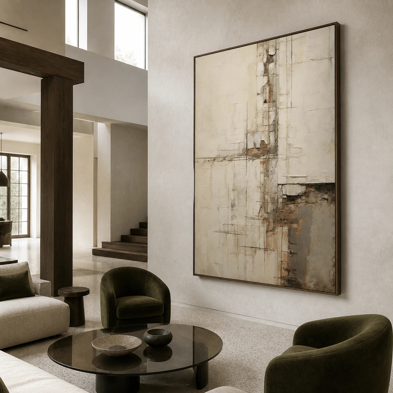 Plaster-Relay as a dominant artwork in an expansive loft hospitality interior.