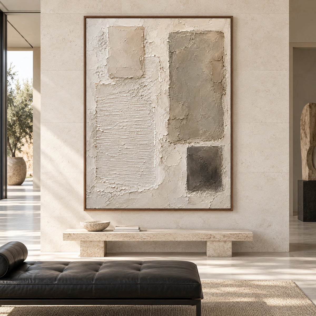 Large straight-on gallery interior featuring the Plaster-Relic textured abstract painting.