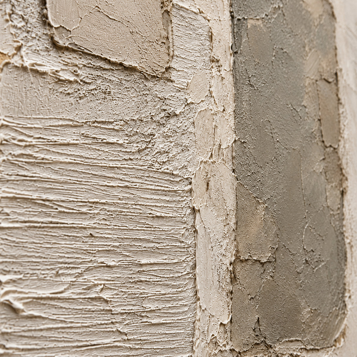 Plaster-Relic oil painting brushwork and impasto detail photographed from an oblique side angle