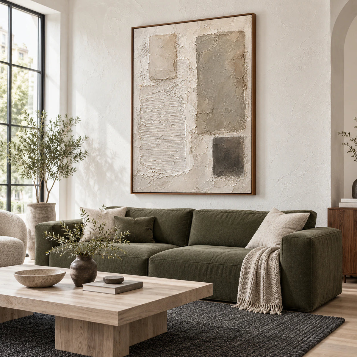 Bright living room centered on the Plaster-Relic vertical textured abstract painting.