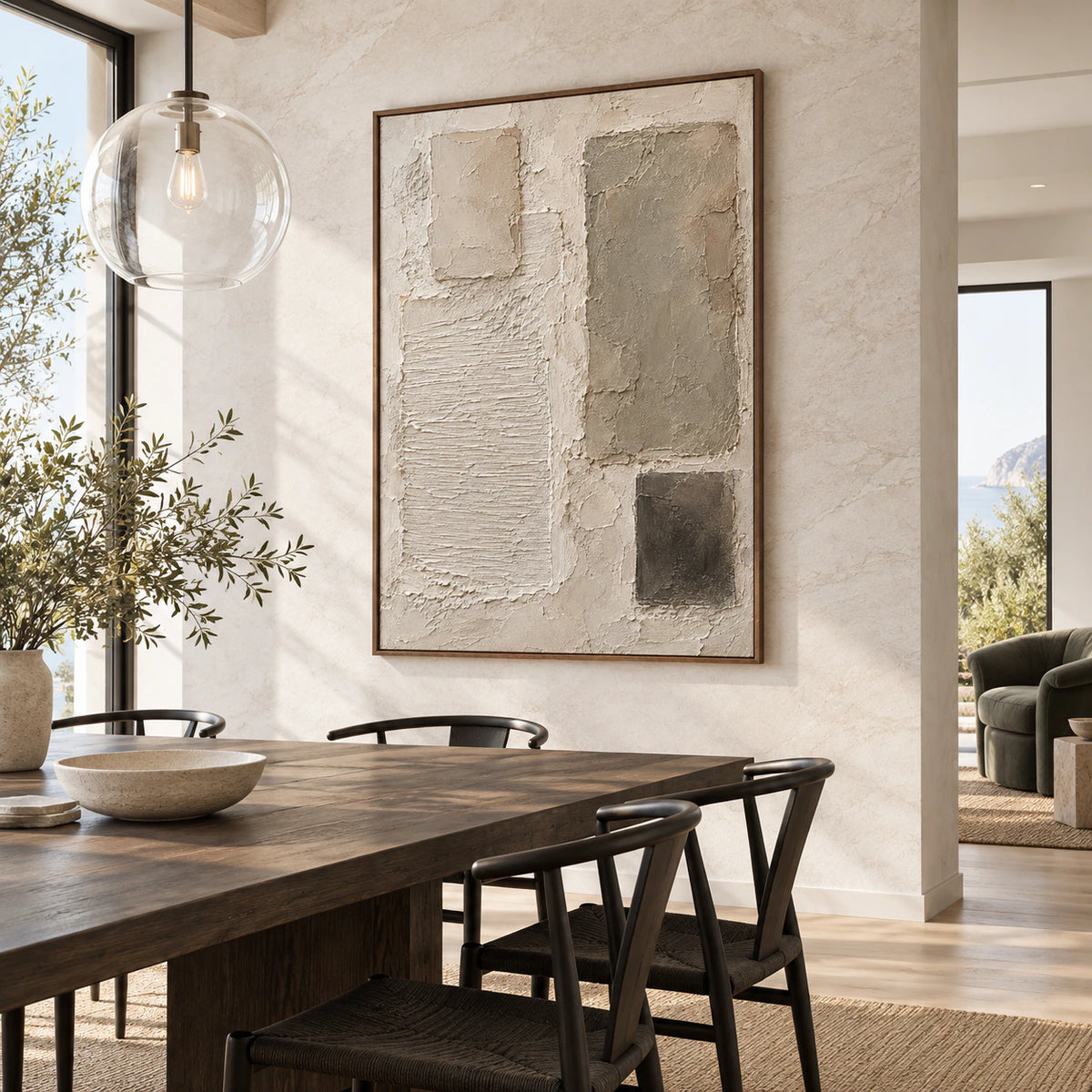 Refined dining room with Plaster-Relic as the large focal artwork.